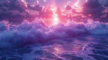 Vibrant sunset over ocean waves with colorful clouds reflecting on water surface, serene atmosphere photo