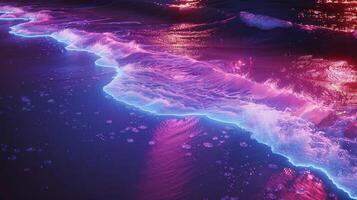 Vibrant neon waves crashing on a beach at sunset, creating a mesmerizing light display photo