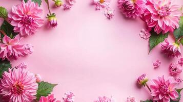 Beautiful arrangement of pink flowers on a soft pink background, perfect for invitations or decor photo