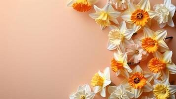 A vibrant arrangement of daffodils in various colors against a soft peach background, ideal for spring themes photo