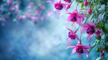 Vibrant pink fuchsia flowers blooming against a soft blue background, creating a serene atmosphere photo