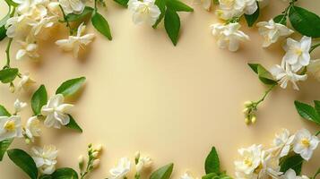 Delicate white jasmine flowers arranged elegantly around a soft beige background, perfect for invitations photo