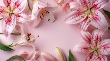 Elegant arrangement of pink lilies on a soft pink background, creating a serene floral display photo