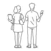 Students Engaged in Conversation with Backpacks in Line Art vector