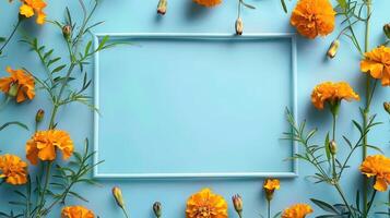 Vibrant marigold flowers arranged around a blank frame on a blue background, creating a fresh, inviting feel photo