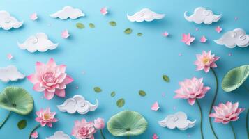 Colorful paper art of lotus flowers and clouds on a blue background, creating a serene atmosphere photo