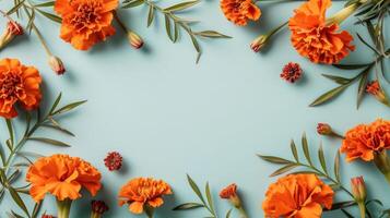 Vibrant orange marigold flowers arranged elegantly on a soft blue background, creating a cheerful atmosphere photo