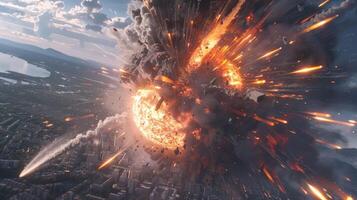 Dramatic explosion in a cityscape with fiery debris and a meteor streaking through the sky photo
