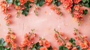 Vibrant coral flowers arranged elegantly on a soft pink background, perfect for invitations photo