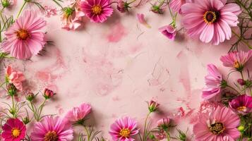 Beautiful arrangement of pink flowers on a textured pink background, creating a serene atmosphere photo