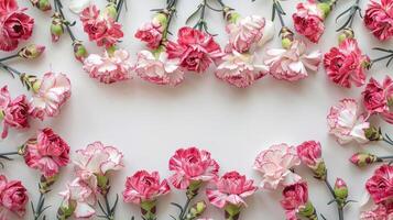 A vibrant arrangement of pink and white carnations creating a floral frame on a light background photo