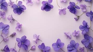 A vibrant arrangement of purple violets on a soft pastel background, creating a serene atmosphere photo
