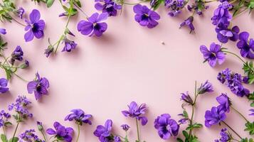 Vibrant purple flowers arranged elegantly on a soft pink background, creating a serene atmosphere photo