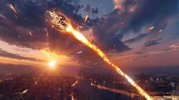 Fiery meteor streaking across the sky at sunset over a vibrant city skyline, creating awe photo