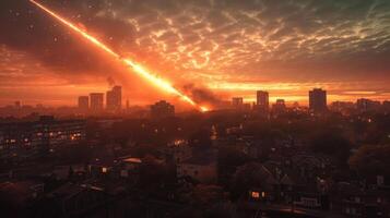 Dramatic sunset over city skyline with meteor streaking across the sky, creating chaos below photo