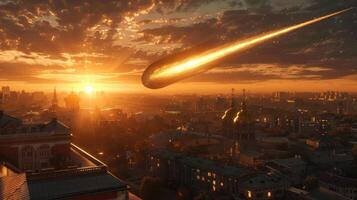 Dramatic sunset over a city skyline with a meteor streaking across the sky, creating awe photo