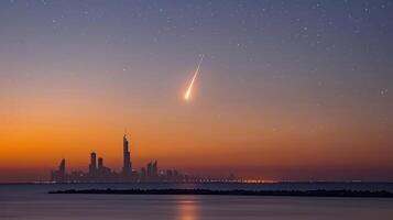 Meteor streaks across the twilight sky above a city skyline with reflections on water photo