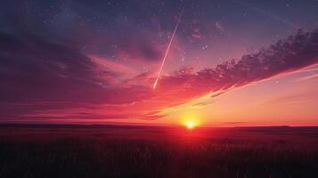 Stunning sunset over a vast field with a meteor streaking across the colorful sky photo