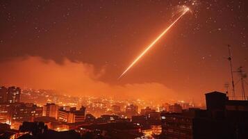 Dramatic night skyline with a meteor streaking across the sky over a bustling cityscape photo