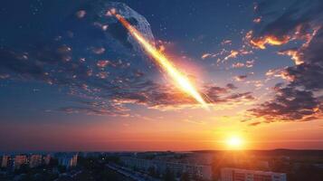 Dramatic sunset over a cityscape with a meteor streaking across the sky, creating awe photo