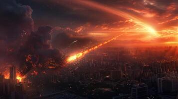 A fiery meteor streaks across a city skyline at sunset, igniting buildings and chaos below photo