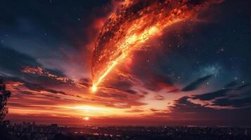 A fiery meteor streaks across a vibrant sunset sky over a city skyline, creating awe and wonder photo
