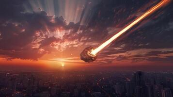 Dramatic sunset over a city skyline with a meteor streaking through the sky, creating awe photo