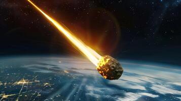 Dramatic meteor streaking through space towards Earth, illuminating the night sky with fiery glow photo