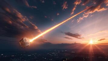 Meteor streaking through a vibrant sunset sky over a cityscape, creating a dramatic scene photo