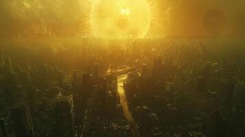 Futuristic cityscape under a massive, glowing sun with a hazy atmosphere and distant planets photo