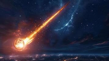 A meteor streaks through a starry sky above a glowing cityscape at night, creating awe photo