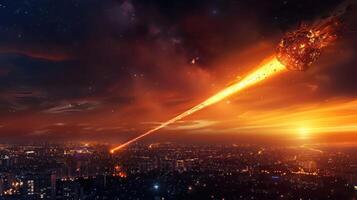 Meteor streaking across a city skyline at sunset, illuminating buildings and creating a dramatic scene photo