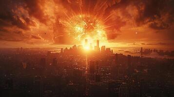 Dramatic explosion over a city skyline at sunset, showcasing destruction and chaos in the background photo