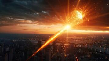 Dramatic sunset over a city skyline with a fiery meteor streaking through the clouds photo