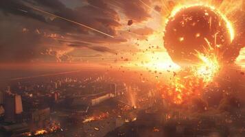 Catastrophic cosmic event with a massive explosion over a city skyline at sunset, chaos unfolding photo