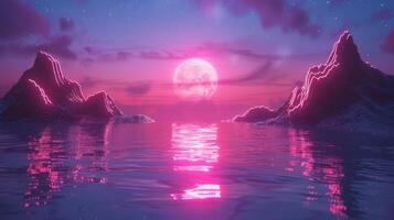 Serene twilight landscape with glowing mountains reflecting in calm waters under a full moon photo
