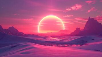 Vibrant sunset over a surreal desert landscape with glowing mountains and a serene atmosphere photo
