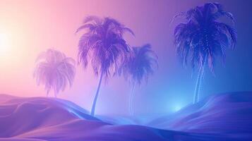 Surreal landscape featuring illuminated palm trees against a colorful gradient background photo