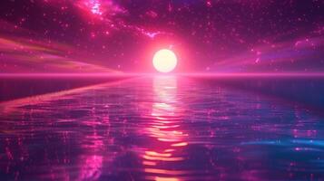 Vibrant sunset over tranquil waters with cosmic elements, creating a serene atmosphere photo