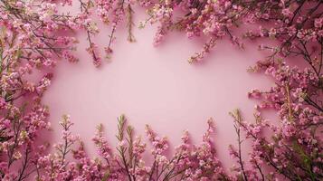 Beautiful arrangement of pink flowers framing a soft pink background, ideal for spring-themed designs photo