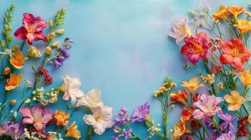 Vibrant floral arrangement featuring various blossoms on a serene blue background, ideal for spring themes photo