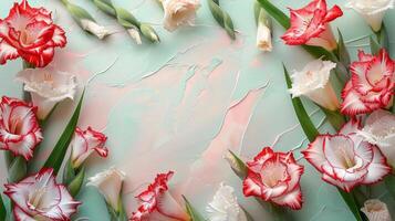 Vibrant arrangement of red and white flowers on a textured pastel background, ideal for decoration photo