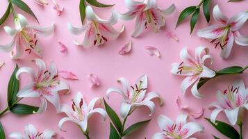 Beautiful arrangement of pink lilies on a soft pink backdrop with scattered petals, ideal for floral design photo