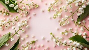 Delicate white lily of the valley flowers arranged on a soft pink background, creating a serene atmosphere photo