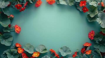 Vibrant floral arrangement with red flowers and green leaves on a turquoise background photo