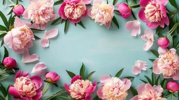 A vibrant arrangement of peonies and rose petals on a soft blue background, ideal for floral designs photo