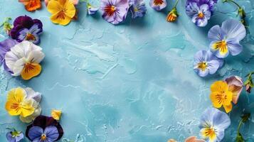 Colorful pansy flowers arranged around a textured blue background for creative design photo
