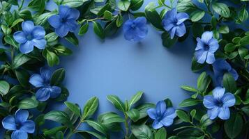 Blue flowers and green leaves arranged in a circular frame on a soft blue background photo