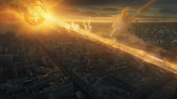 Catastrophic meteor impact over a city at sunset, causing chaos and destruction in the skyline photo