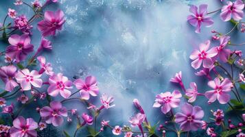 Vibrant pink flowers framing a serene blue background, creating a tranquil and decorative atmosphere photo